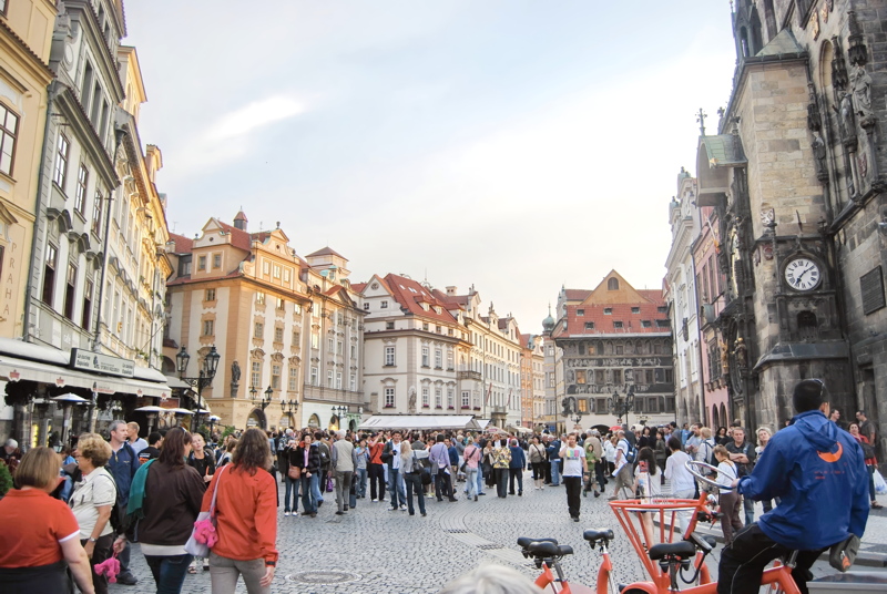 19 - The busy Old Town Square in Prague, Czech Republic, with the historic Old Town Hall tower on the right